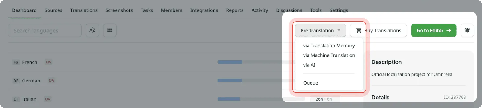 Pre-translation feature in Crowdin